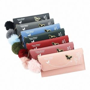 new Fiable Women Lg Wallets Pure Color Wool Ball Bow Clutch Bag Card Bag Coin Purse Standard Wallets PU Solid Polyester i7q0#