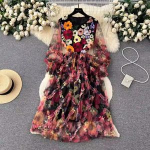 Casual Dresses Fashion Luxury Summer Mesh Flower Print Midi Dress Elegant Women O Neck Embroidery Lantern Sleeve Ruffles Holiday Long