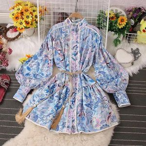 Casual Dresses Boho Lace Up Mini Vestidos Floral Print Summer Spring Vintage Lantern Sleeve Loose Dress for Women Party