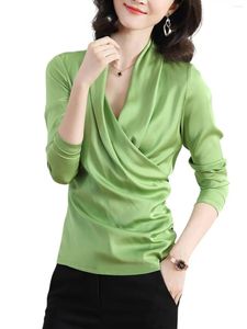 Kvinnors blusar Spring Elegant Satin Women Blus Sexig V Neck Office Ladies Shirts Plus Size Autumn Ol Style Temperament Versatile Shirt