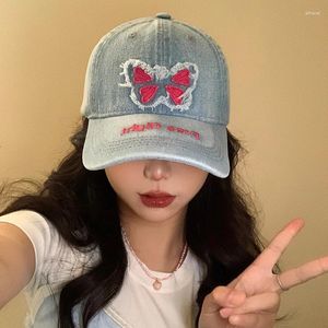 Ball Caps Summer Sweet Butterfly Sticker Baseball For Women And Men Japanese Retro Wide Brim Shows Face Small Washed Denim Hat