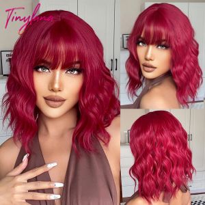 Wigs Short Curly Wave Bob Synthetic Wig with Bangs Wine Burgundy Red Wigs for Black Women Natural Party Cosplay Heat Resistant Hair