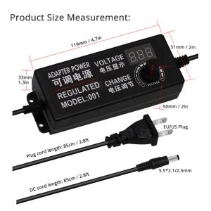 Adaptador ajustável 3V a12V 5a ou 3V a 24V 2A Tela da tela de alimentação Display Regulamentada DC 5.5*2,5mm Entrada US EU 100-240VAC