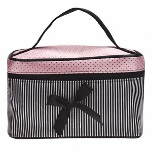 Mulheres Travel Bow Stripe Make Up Bags Girl Cosmetic Bag Maquiagem Beauty Bra W Organizador Bolsa de Higiene Pessoal Kit de Armazenamento Caso de Banho b6aC #