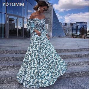 Vestidos casuais boêmio vestido manga longa mulheres moda roupas azul floral fora do ombro robe longue femme plissado maxi elegante