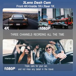 Dash Cam für Autos 4K vorne und Rückansicht Kamera für Fahrzeug GPS 3LENS CAR DVR WiFI Video Recorder Parking Monitor Asskorien