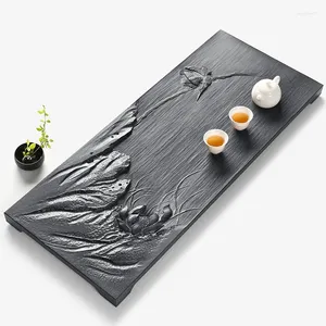 Zestawy herbaveware pełne ręcznie robione rzeźbione taca herbaty ważona czarna kamienna taca na serwerze Lotus wytłoczony zen w stylu prostokąta ciężki stół do zestawu