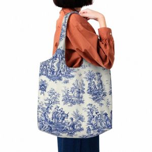 french Navy Blue Toile De Jouy Motif Pattern Shop Bag Canvas Shoulder Tote Bag Portable Traditial Groceries Shopper Bags Z7Fw#