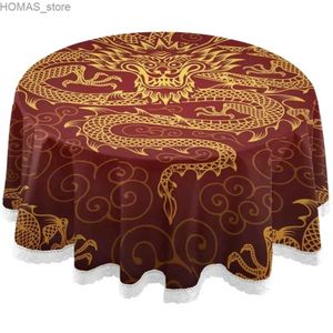 Table Cloth Dragon Round Tablecloths 60 Japanese Asian Circular Table Cover Mat Lace Washable Polyester for Dinner Party Holiday Home Decor Y240401