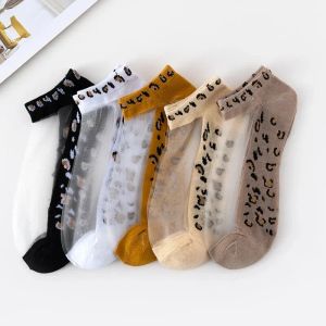 5 Pairs Of Womens Slass Filament Fiber Spring And Summer Thin Transparent Leopard Socks Polyester Sock Sole