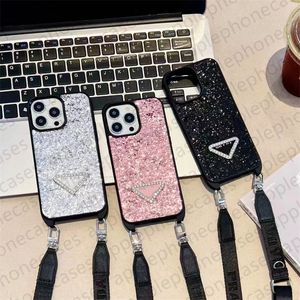 İPhone 15 Pro MAX CASE İPHOOD 14 PRO 13 12 15 için lüks parıltılı telefon kasa tasarımcısı Artı Kılıflar Bling Köpüklü Pullu Üçgen P Omuz Kayışı Crossbody Phonecase