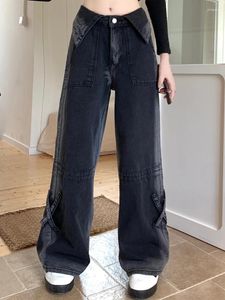 Kvinnors jeans svart koreansk stil bred ben kvinnor streetwear manschetter chic denim byxor kvinnlig hög gata casual hight midje baggy 2024