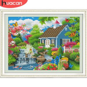 カーテンHuacan Garden Embroidery Kits Landscape NeedleWork Cottenswread Canvas House Cross DIYギフトホームデコレーション