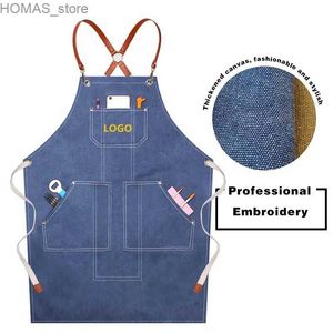 Gruppi di grembiuli personalizzati da marca da marca di bellezza salone di bellezza caffetteria accessori lavoro uniforme in tela in denim il grembiule impermeabile Y240401