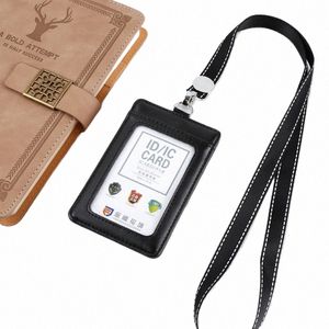 employee's Pass Acc Bus Card Cover Case Badge Sleeve Holder Bag Leather ID Name Badge Holder Credit Card Bag with Lanyard i6sp#