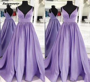 Lila ärmlös satin djup v hals prom klänning vestido de festa longo elegant enkla kvällsklänningar long2695218