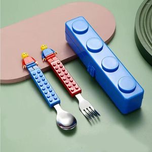Dinnerware Sets Stainless Steel Fork Spoon Set Childrens Building Blocks Toy Lunch Box Cartoon Tableware Portable Puzzle Storage