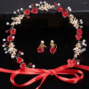 Ожерелье и серьги, комплект, элегантная диадема, Корона, повязка на голову для подружки невесты с лентой, головной убор с цветком розы, жемчужно-красный ободок для невесты, серьги с кристаллами