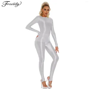 Bras sätter kvinnor Glossy Sports Set Round Neck Long Sleeve T-shirt Top med hög midja stigbock Leggings Tights Slim Fit Yoga Gymnastics