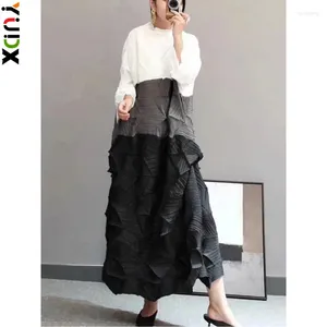 Abiti casual YUDX Miyake colletto alla coreana abito a blocchi di colore lunghezza lunga donna 2024 autunno vintage pieghettato ampio elegante