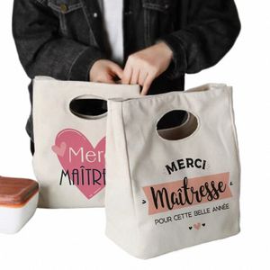 Merci Maitre Print Lunch Bag Portable Isolated Canvas Cooler Bento Tote Thermal School Food Storage Bags Gift for Teacher 94ot#