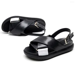 Casual Shoes Black And White Ins Fish Beak Sandals Roman Genuine Leather Cross Rope Thick Sole Versatile Flat