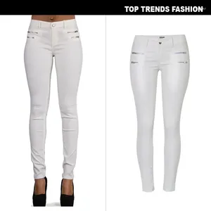 Damen Jeans Hose Low Rise Slim Stretch Hose Doppelreißverschluss PU Weiße Kunstlederhose für Damen