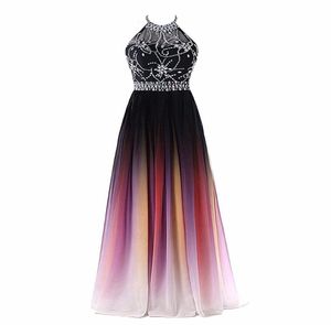 2019 Sexig halterhals Aline Gradient Color Prom Dresses Pärled Sheer Neck Pets Up Pluning Back Design Women Evening Dress Midje B6344891