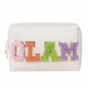 Kvinnor Teen Girls Chenille Glam Letter Patch Preppy Makeup Bag Cosmetic Pouch for Skincare Travel Organizer Gift H2vo#