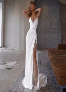 Suknia ślubna syreny satynowa plażowa suknie ślubne vneck spaghetti Straps luksusowe szczelinowe fali księżniczki sukienki imprezowe vestido de noiva4011661
