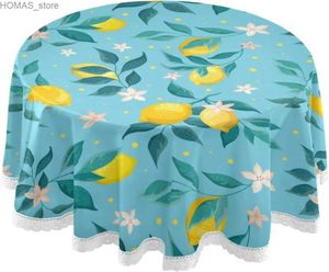 Table Cloth Lemons Leaves Blue Round Tablecloth 60 Inch Washable Polyester Table Cover for Kitchen Dinning Parties holiday Tabletop Decor Y240401