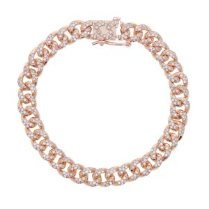 Bracelets Iced Out Bling Cubic Zirconia Paved Rose Gold Color Copper Curb Cuban Link Chain Bracelet on Hand Jewelry for Women Men