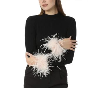 1 Pairs Real Ostrich Feather Cuffs Bracelet Wrist Arm Sleeve Party Wedding Bride Concert Elegant Luxury Furry Fluffy Bangle 2024