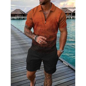Verão nova moda masculina casual conjunto digital impresso zíper manga curta camisa polo vg7o