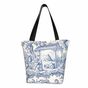 Toile De Jouy Azul Marinho Motif Pattern Shop Tote Bag Wable Canvas Shopper Ombro Clássico Estilo Francês Bolsa p0qJ #