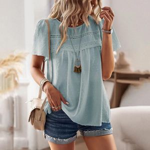 Camiseta feminina elegante renda crochê o-pescoço manga curta camiseta verão temperamento all-match cor sólida casual roupas femininas