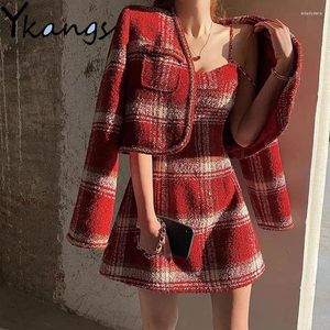 Abiti da lavoro Natale Inverno Caldo addensare abiti eleganti di lana Coreano Harajuku Chic Plaid Giacca corta Y2k Slim A-line Sexy femminile