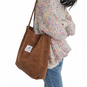 Borse a tracolla in tela di velluto a coste da donna Borsa a tracolla in stoffa ecologica femminile Libri Tote Borsa per il trasporto di generi alimentari Borsa da negozio di design solido v9Br #