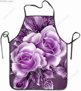 Aprons Purple Crystal Rose Apron Floral Unisex Bib for Kitchen Crafting Drawing Cooking Outdoors BBQ Grill Baking Y240401