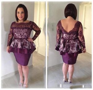 Plus Size Elegant Lace Knee Length Mother Of The Bride Dresses Peplum Bateau Long Sleeves Mother Dresses Short Party Formal Gown6209788