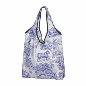 Toile De Jouy Azul Marinho Motif Padrão Sacola de Mercearia Animal Floresta Floral Arte Ombro Shopper Bag Bolsas Grandes u7GC #