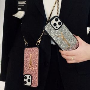 Luxury Glitter Phone Case Designer för iPhone 15 Pro Max Case Apple iPhone 14 Pro 13 12 15 Plus Cases Bling Sparkande paljettkvinnor Crossbody Handbag Case Lanyard