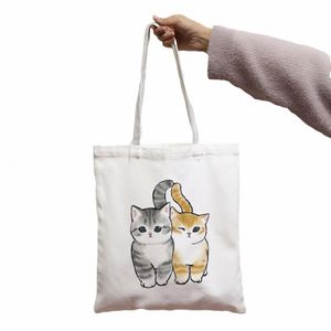 Kadınlar Omuz Tuval Çantası Sevimli Kedi Baskı Kadın Yeniden Kullanılabilir Mağaza Totebags Öğrenci Okulu Kitap Çantaları V6ta#