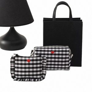 new Fi Plaid Cosmetic Bags for Women Travel 2024 Small Square Make Up Storge Handbag Cute Heart Embroidered Cases b5vk#