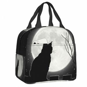女性のための完全なMO断熱ランチトートバッグを見ている黒猫動物漫画ポータブルサーマルクーラーベントボックス36nu＃
