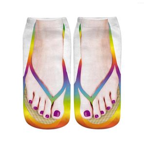 Meias femininas 3d flip flop feminino padrão manicure impressão engraçado escondido correndo personalizado baixo corte tornozelo unisex