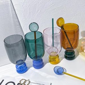Şarap bardakları ins stil renk kontrast bardağı kaşık seti el üflemeli yüksek sıcaklığa dayanıklı sanatsal cam süsler vintage hediye kutusu