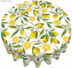 Table Cloth Lemon Tree Branches Flowers Leaves Round Tablecloth 60 Inch Tablecover Anti-Wrinkle Waterproof Wipeable Table Cloth Home Decor Y240401