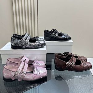 Distressed Pleated Colored Leather Square Toe Butterfly Buckle Strap Ballet Flat for Comfort, Anti Slip, and Low Top Single Shoes