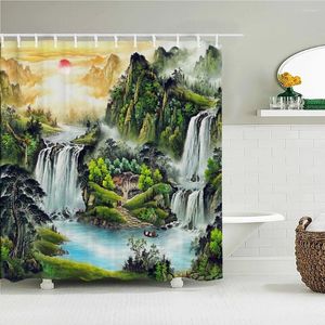 Cortinas de chuveiro pintura de tinta chinesa paisagem cortina de tecido à prova d 'água impressão banho para banheiro decorar com 12 ganchos